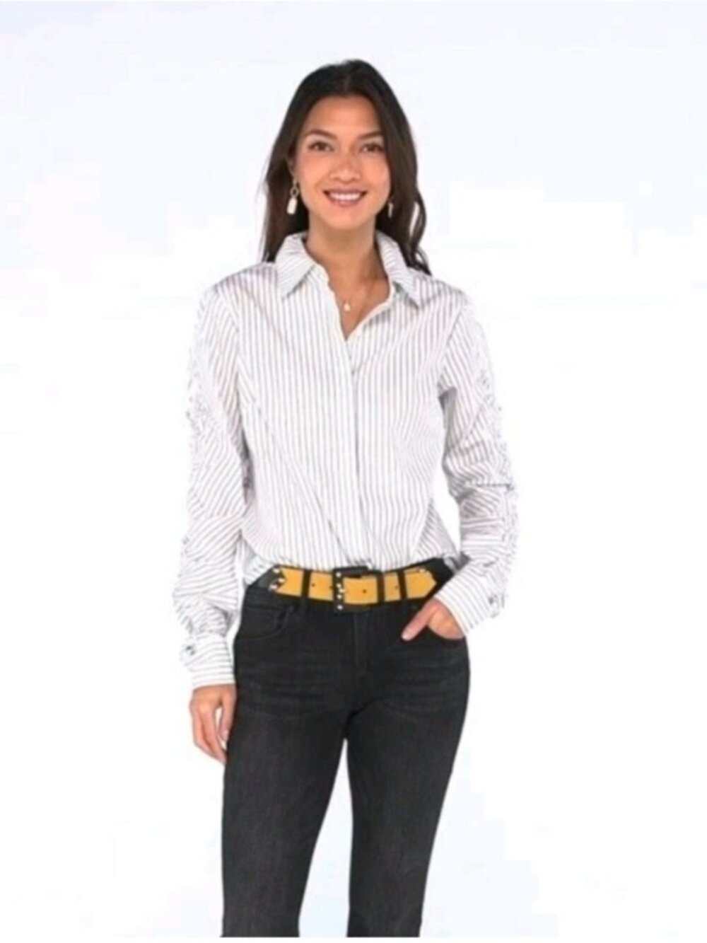 Cabi Black White 4530 Linear Striped Button Down Shirt Cinched Sleeve Size Small